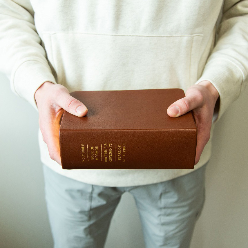 Brown LDS Scriptures | Leather Quad, Custom Name, Ribbon Qty & Color